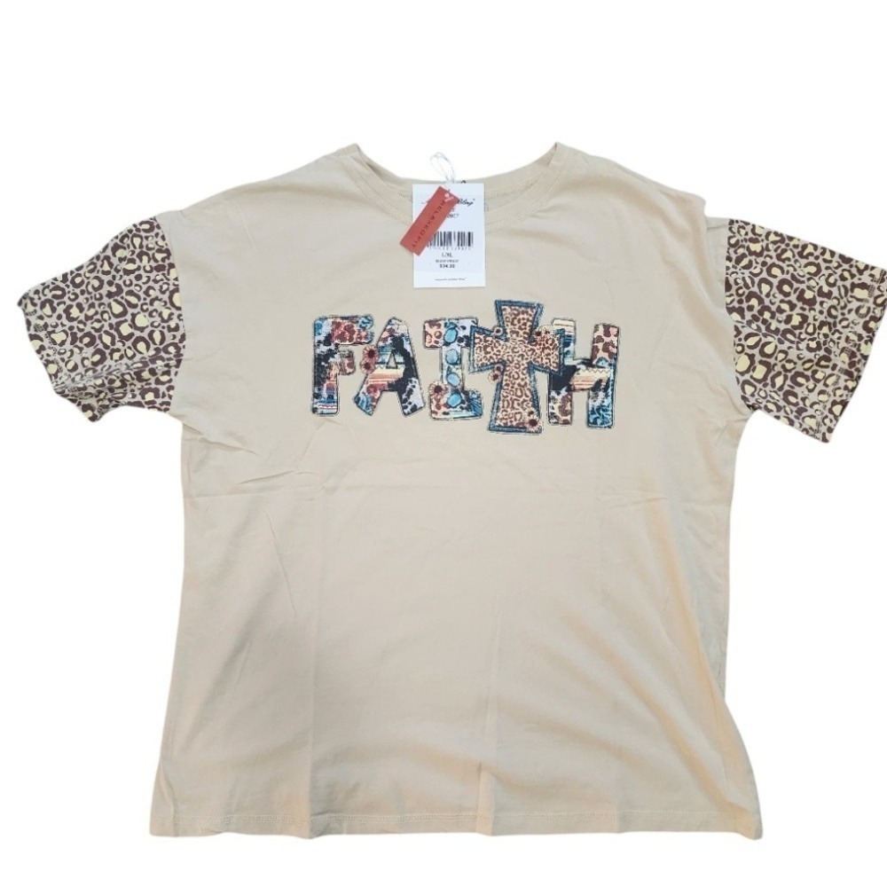 American Bling Faith Cross Christian Graphic Tee Leopard Sleeves L NWT
